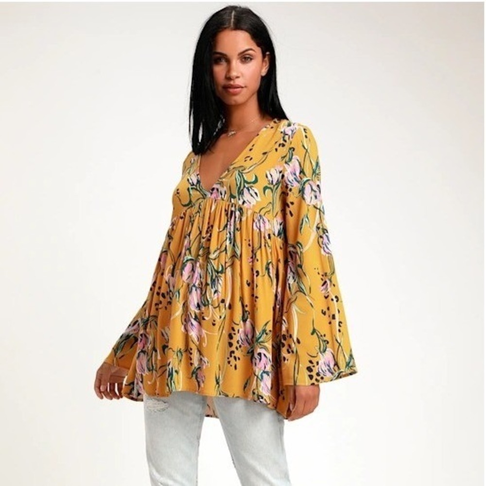 Free People Bella Golden Yellow Floral Print Tunic Bell Sleeve Top M Boho